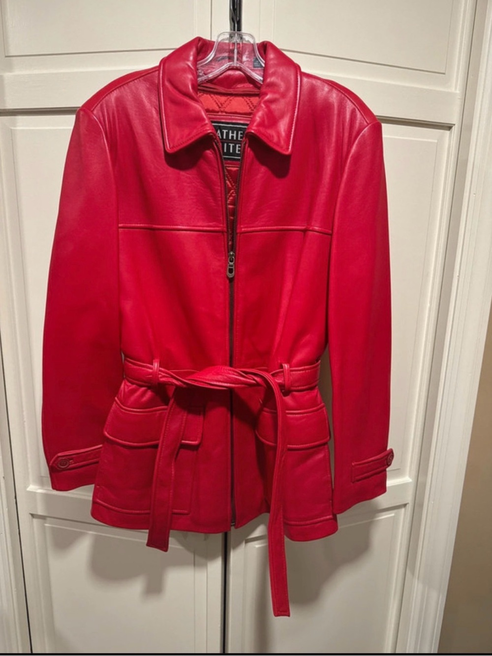 Leather Limited Red Belted Leather Jacket - Classic Collar